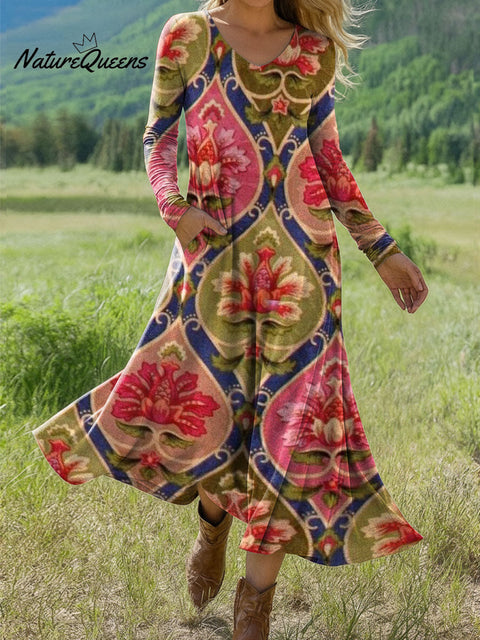 Women's Retro Flowers Pattern Print Art Print Long-sleeved Dress