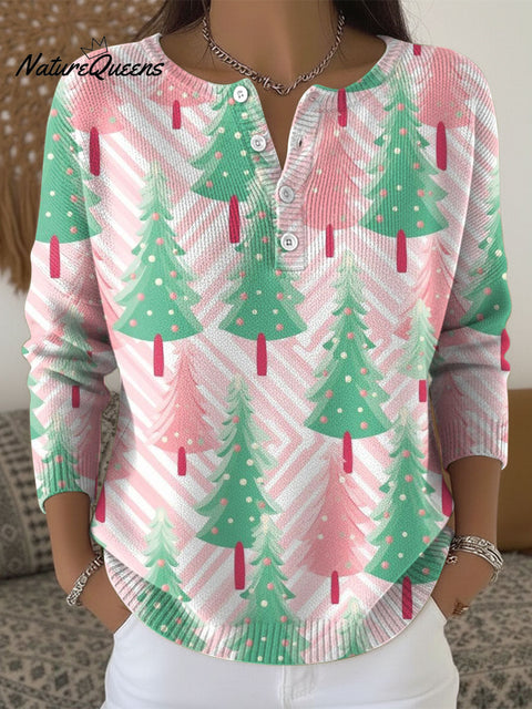 Women's Christmas Tree Pattern Art Print Buttoned Cardigan Sweater