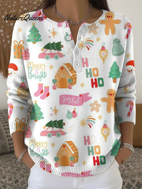 Women's Christmas Tree Gingerbread Man Christmas Atmosphere Pattern Art Print Buttoned Cardigan Sweater