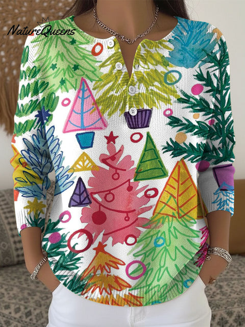 Women's Christmas Colorful Tree Pattern Art Print Buttoned Cardigan Sweater