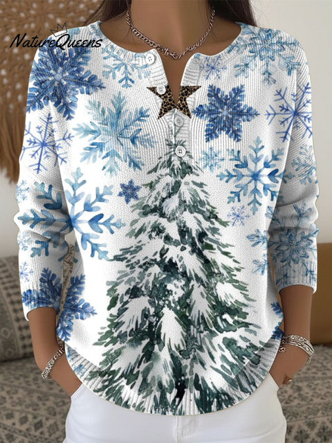 Women's Christmas Tree Snow Pattern Art Print Buttoned Cardigan Sweater