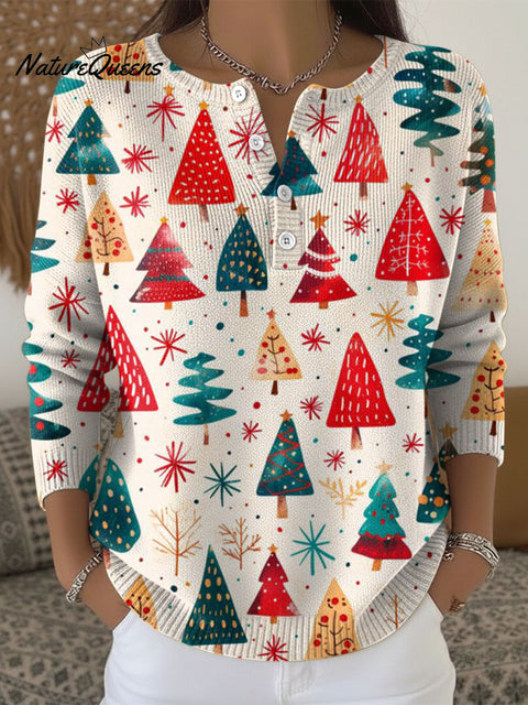Women's Christmas Tree Pattern Art Print Buttoned Cardigan Sweater