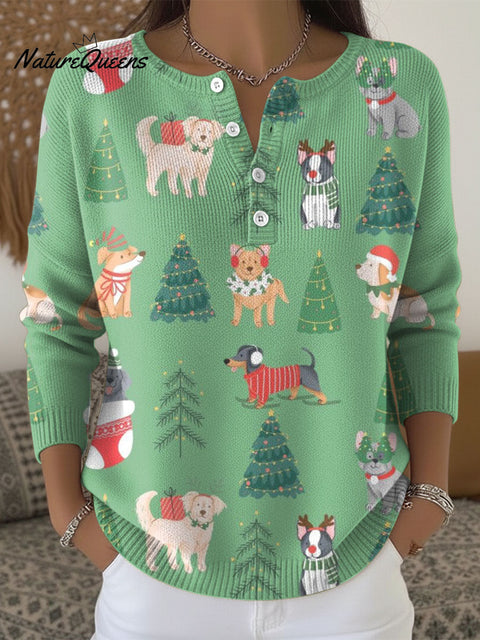 Women's Christmas Tree Dog Pattern Art Print Buttoned Cardigan Sweater