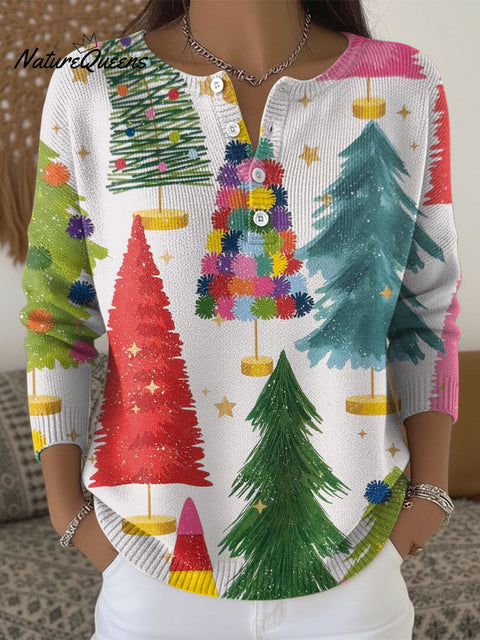 Women's Christmas Colorful Tree Pattern Art Print Buttoned Cardigan Sweater