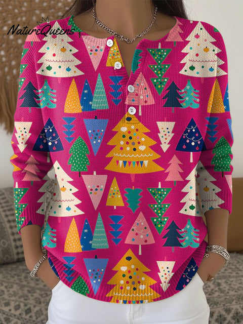 Women's Christmas Colorful Tree Pattern Art Print Buttoned Cardigan Sweater