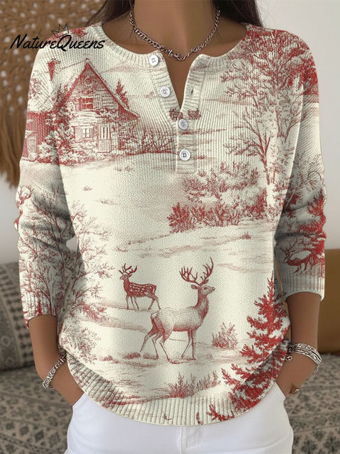 Women's Christmas Tree Elk Pattern Art Print Buttoned Cardigan Sweater