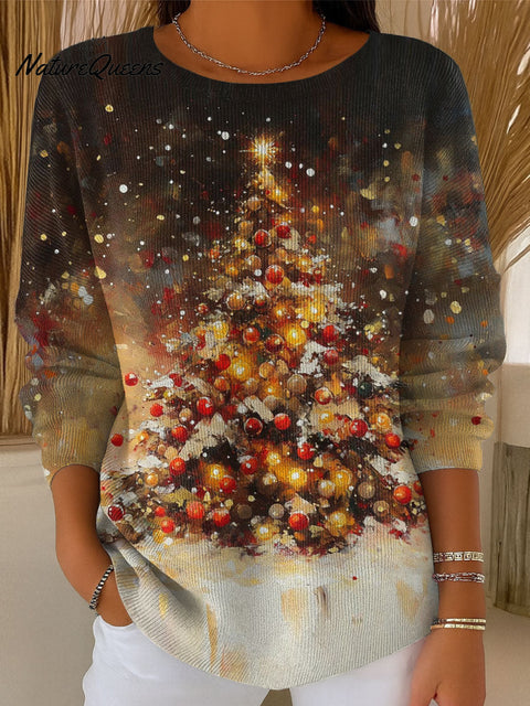 Women's Retro Gold Christmas Tree Art Print Casual Pullover Sweater