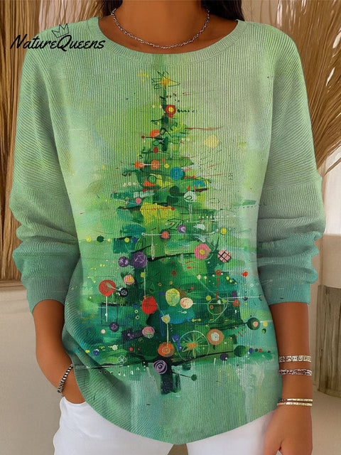 Women's Retro Green Christmas Tree Art Print Casual Pullover Sweater