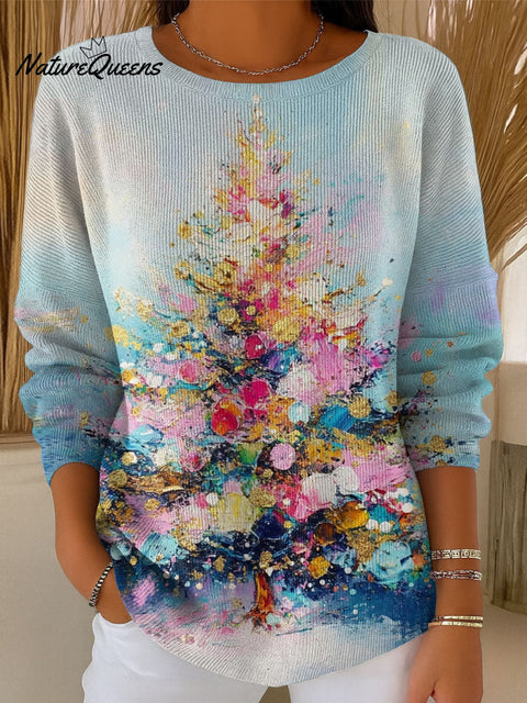 Women's Retro Christmas Tree Art Print Casual Pullover Sweater