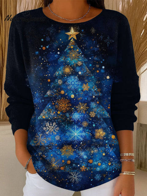 Women's Retro Blue Christmas Tree Art Print Casual Pullover Sweater