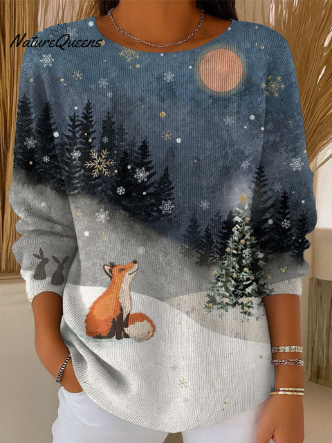 Women's Snow Christmas Tree Fox Night Art Print Casual Pullover Sweater