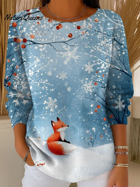 Women's Snow Christmas Fox Night Art Print Casual Pullover Sweater