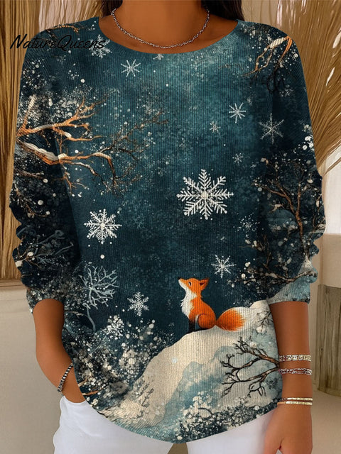 Women's Snow Christmas Tree Fox Night Art Print Casual Pullover Sweater