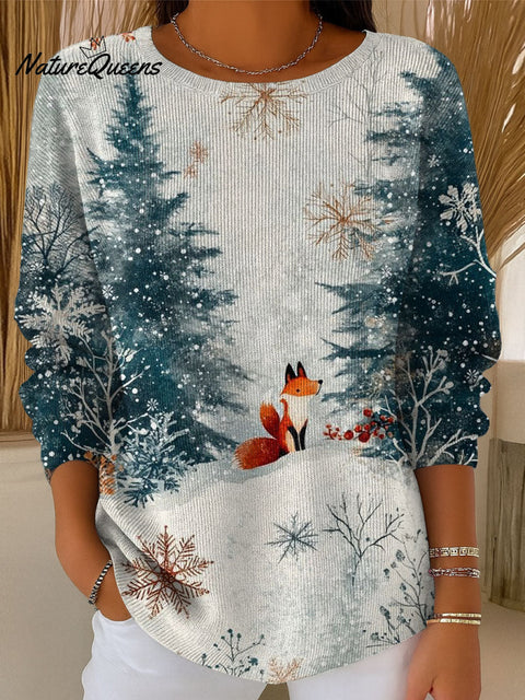 Women's Snow Christmas Tree Fox Night Art Print Casual Pullover Sweater