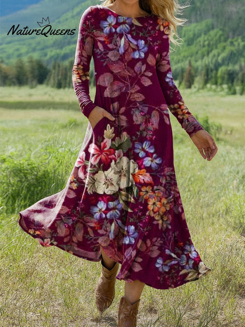 Women's Flowers Floral Art Print Long-sleeved Dress