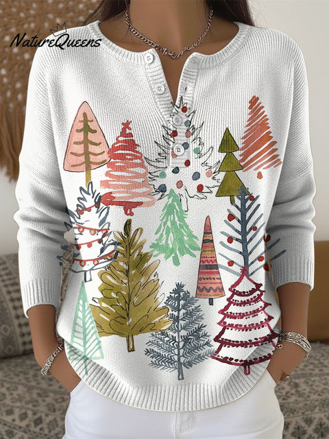 Women's Christmas Tree Pattern Art Print Buttoned Cardigan Sweater