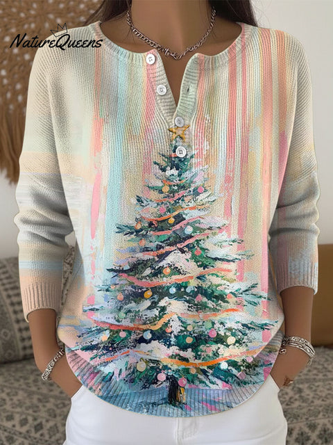 Women's Christmas Tree Pattern Art Print Buttoned Cardigan Sweater
