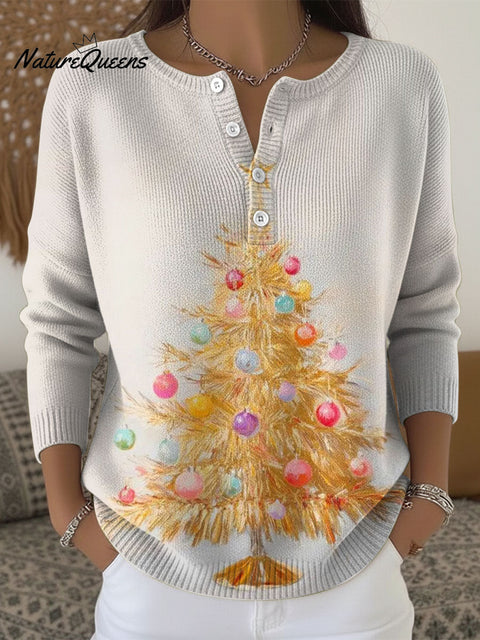 Women's Christmas Tree Pattern Art Print Buttoned Cardigan Sweater