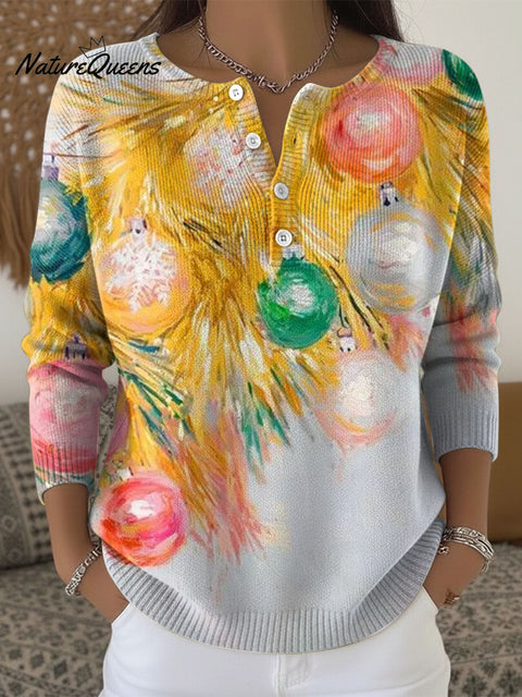Women's Christmas Lanterns Tree Pattern Art Print Buttoned Cardigan Sweater