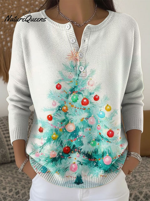 Women's Christmas Tree Pattern Art Print Buttoned Cardigan Sweater