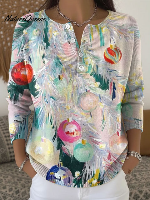 Women's Christmas Lanterns Tree Pattern Art Print Buttoned Cardigan Sweater