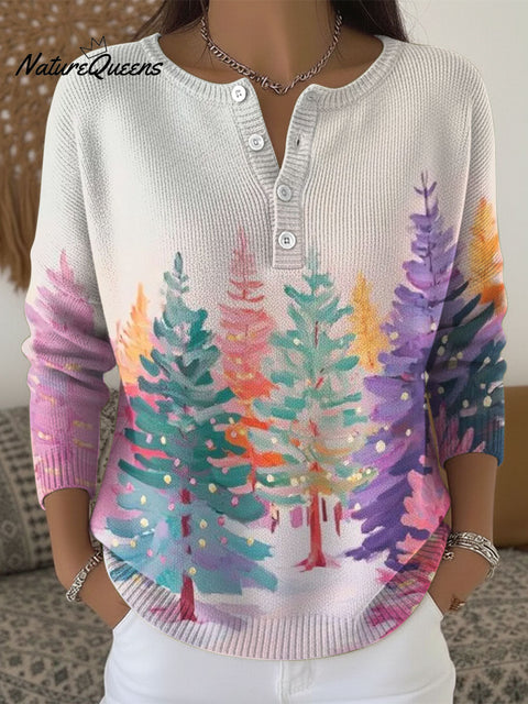 Women's Christmas Tree Pattern Art Print Buttoned Cardigan Sweater
