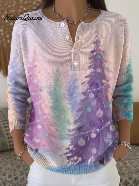 Women's Christmas Tree Pattern Art Print Buttoned Cardigan Sweater