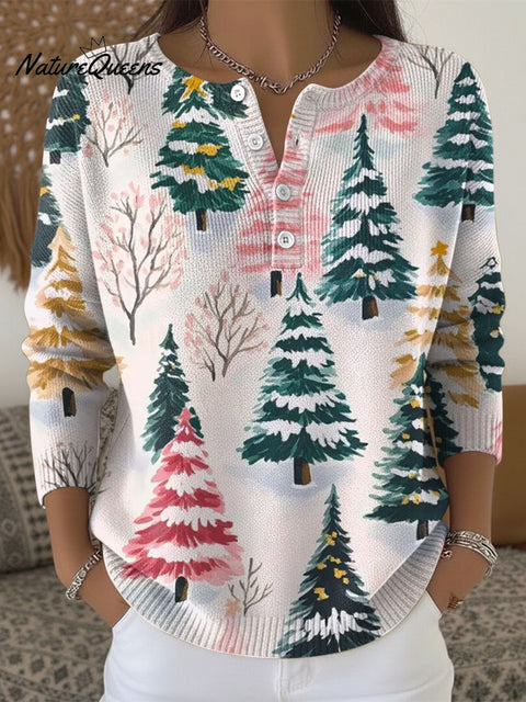 Women's Christmas Tree Pattern Art Print Buttoned Cardigan Sweater