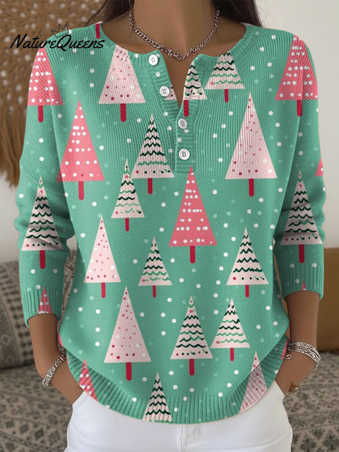 Women's Christmas Tree Pattern Art Print Buttoned Cardigan Sweater