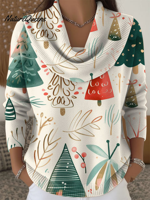 Women's Christmas Tree Pattern Print Cowl Neck Sweater