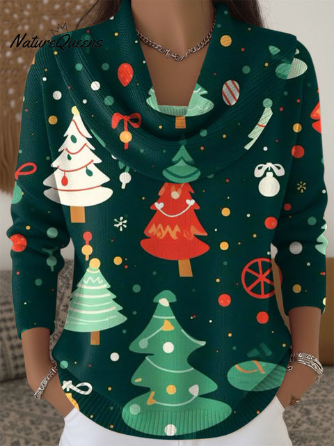 Women's Christmas Tree Pattern Print Cowl Neck Sweater