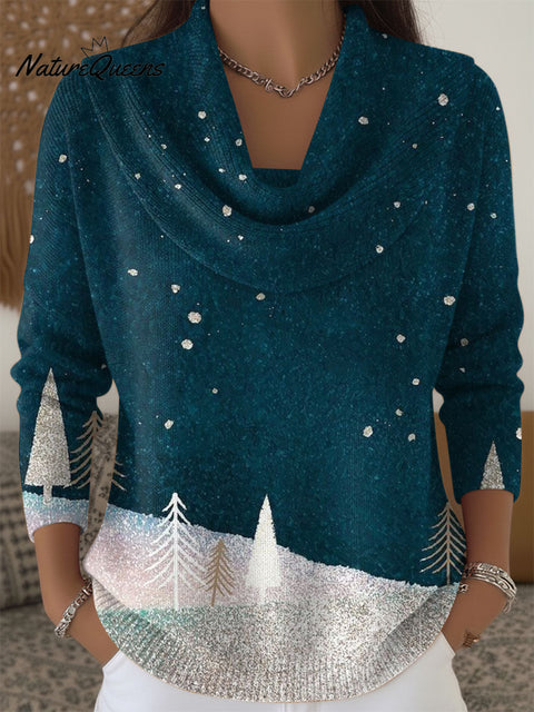 Women's Christmas Tree Snow Scene Pattern Print Cowl Neck Sweater