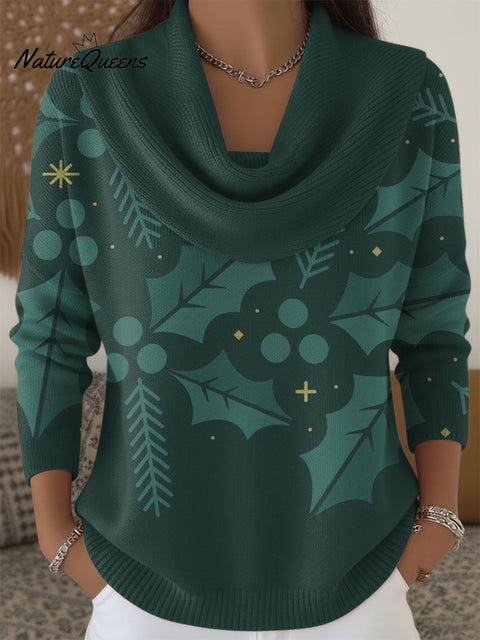 Women's Christmas Leaf Pattern Print Cowl Neck Sweater
