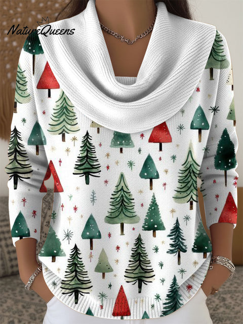 Women's Christmas Tree Pattern Print Cowl Neck Sweater