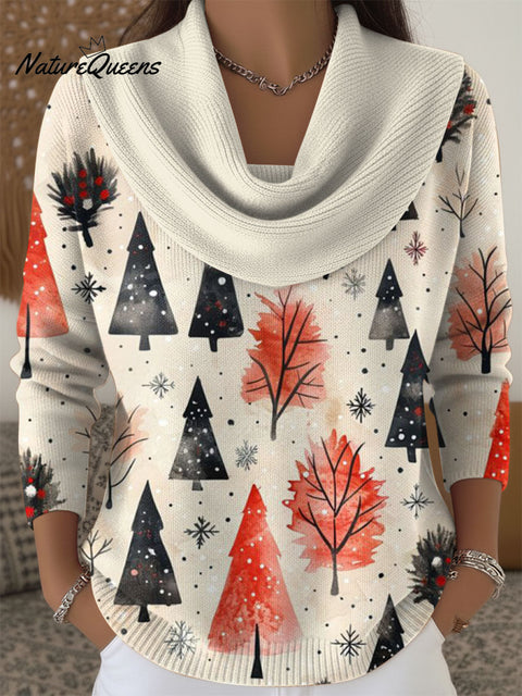 Women's Christmas Tree Pattern Print Cowl Neck Sweater