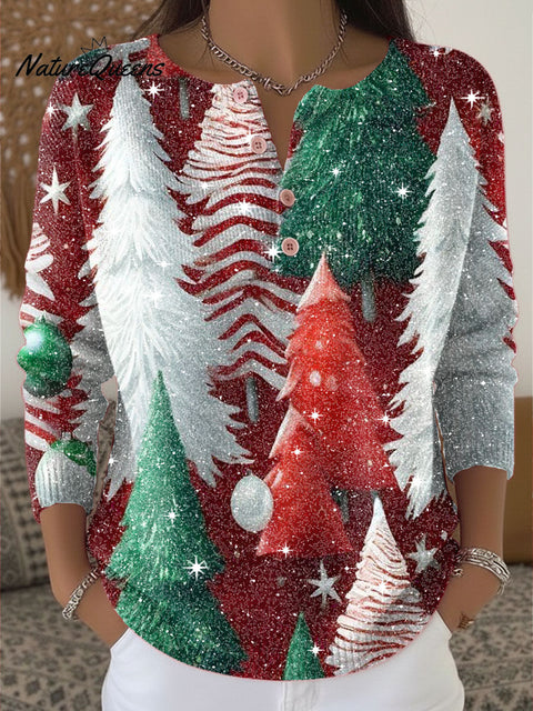 Christmas Tree Pattern Print Henley Neck Sparkling Sequin Sweater