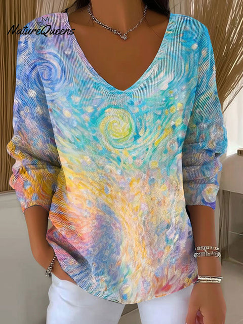 Women's Multicolor Art Pattern Print Casual Pullover Sweater