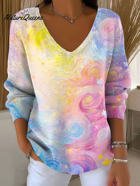 Women's Multicolor Art Pattern Print Casual Pullover Sweater