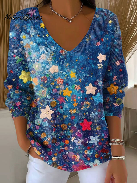 Women's Multicolor Stars Art Pattern Print Casual Pullover Sweater