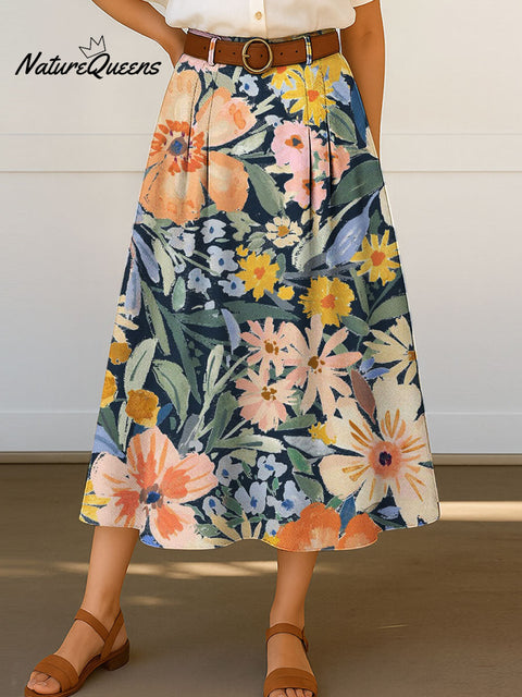 Women's Retro Flowers Floral Pattern Print High Waist Casual A-Line Skirt