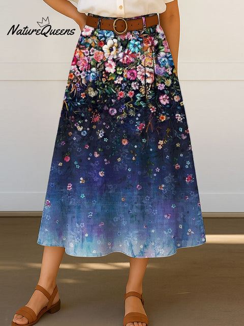Women's Retro Flowers Floral Gradient Pattern Print High Waist Casual A-Line Skirt