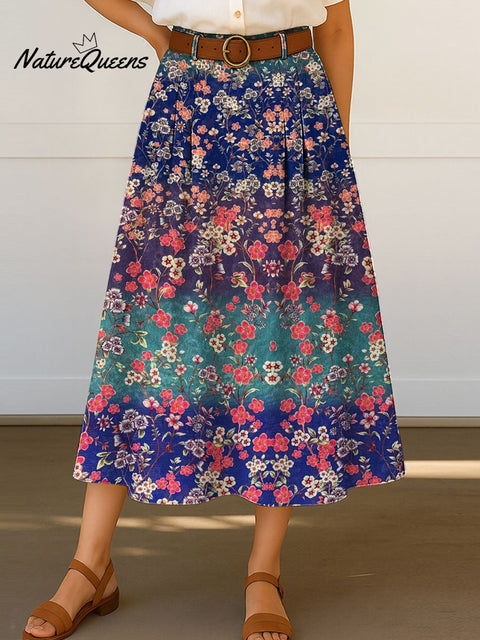 Women's Retro Flowers Floral Pattern Print High Waist Casual A-Line Skirt