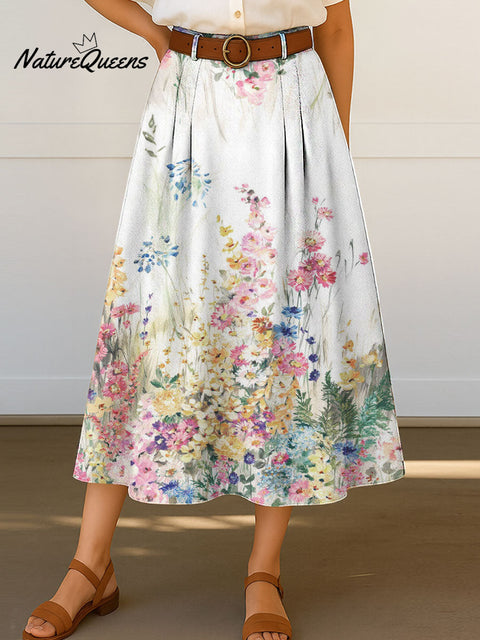 Women's Retro Flowers Floral Pattern Print High Waist Casual A-Line Skirt