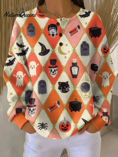 Women's Halloween Plaid Black Cat Ghost Pattern Art Print Casual Cotton Shirt
