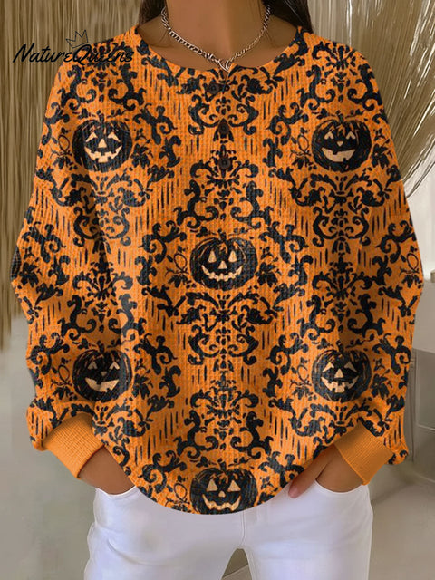 Women's Halloween Pumpkin Pattern Art Print Casual Cotton Shirt