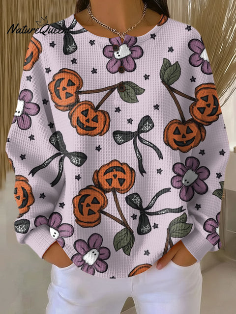 Women's Halloween Pumpkin Bow Ghost Flower Pattern Art Print Casual Cotton Shirt