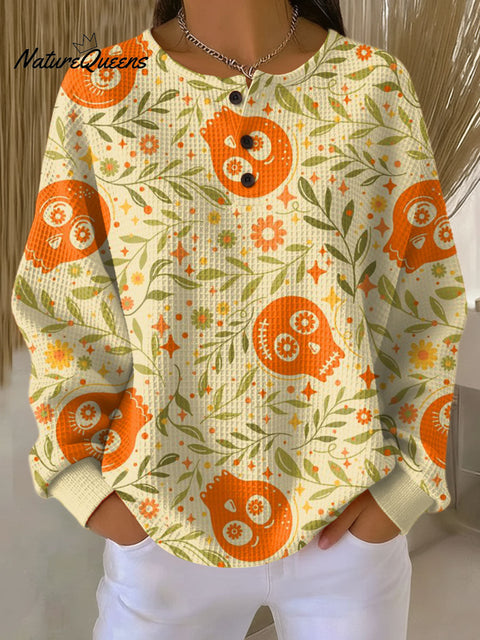 Women's Halloween Skull Leaves Flowers Pattern Art Print Casual Cotton Shirt