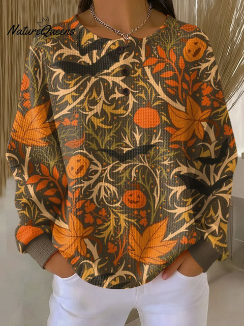 Women's Halloween Pumpkin Bat Maple Leaf Pattern Art Print Casual Cotton Shirt