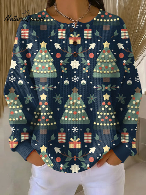 Women's Christmas Tree Pattern Art Print Casual Cotton Shirt