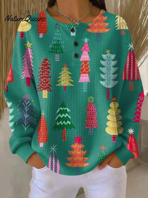 Women's Colorful Christmas Tree Pattern Art Print Casual Cotton Shirt